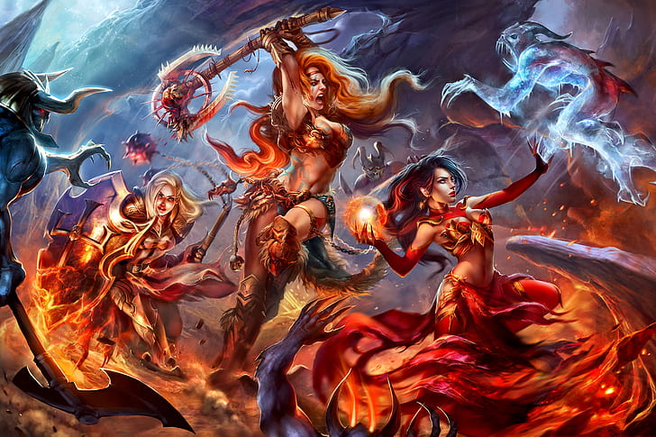 Battle with demons Three beautiful Sisters with black red and blue hair Fantasy art Wallpaper Hd 2560×1440