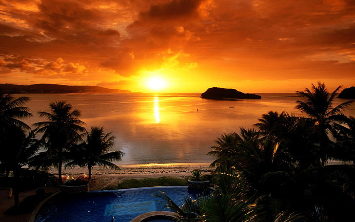photo of golden hour, sunset, beach, sea, sunlight, sky, water, HD wallpaper