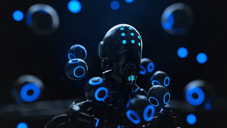 black and blue robot illustration, Rakan Khamash, Zenyatta (Overwatch)