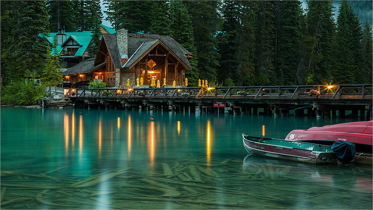 Emerald Lake National Park Yok British Columbia Canada Dock Lights Boats Landscape Photography Hd Wallpapers For Pc Tablet 1920×1080