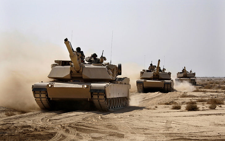 three gray battle tanks, USA, armor, military equipment, M1A2 Abrams