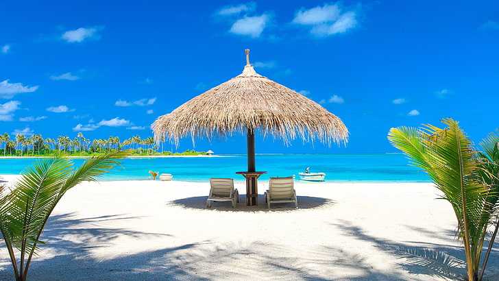 sunbed, blue sky, parasol, sandy beach, summer, summer time