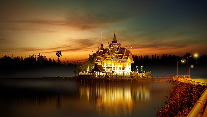 bangkok, thailand, landmark, temple pavilion, evening, sunset, HD wallpaper