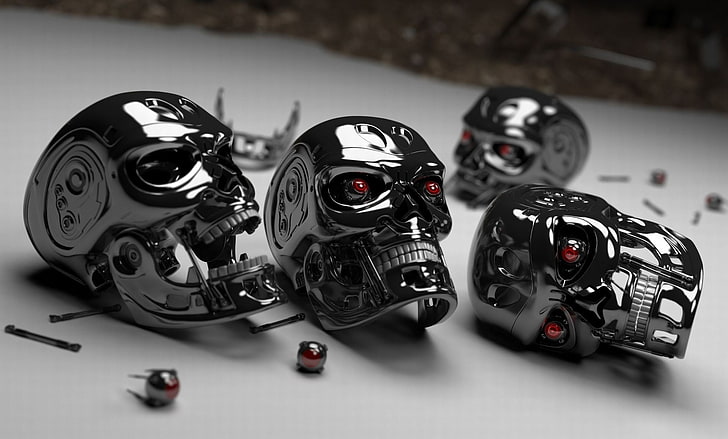 four gray skull decors, Terminator, red eyes, movies, endoskeleton