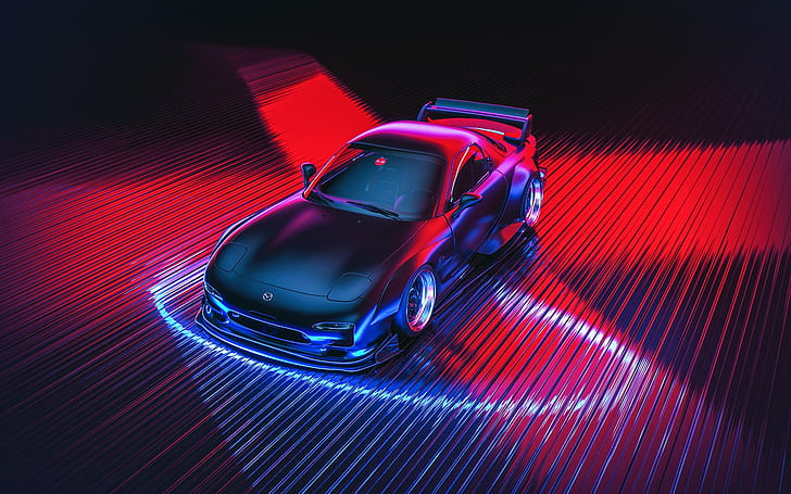 Auto, Figure, Neon, Machine, Mazda, Car, Art, RX-7, Rendering HD wallpaper