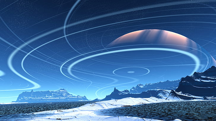 alien landscape, sci-fi, mountain, snow, winter, cold, science fiction