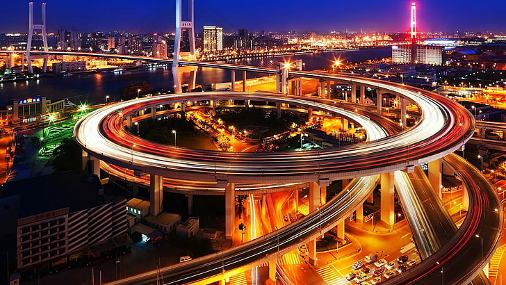 timelapsed photo of skyway, Shanghai, Nanpu Bridge, city, night, HD wallpaper