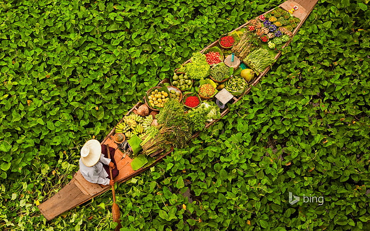 variety of vegetables, leaves, water, boat, Thailand, fruit, Bangkok, HD wallpaper
