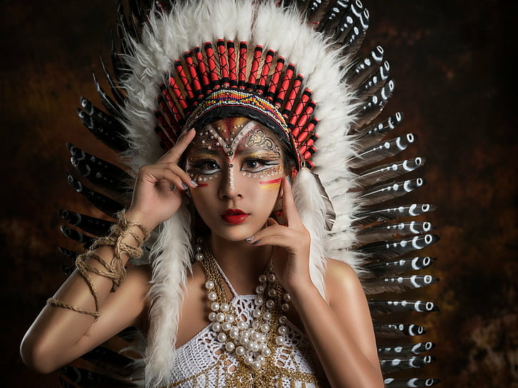 Women, Native American, Asian, Feather, Girl, Lipstick, Makeup