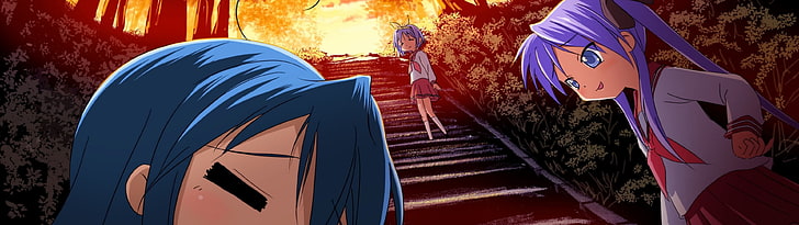 three female anime characters wallpaper, dual monitors, Lucky Star