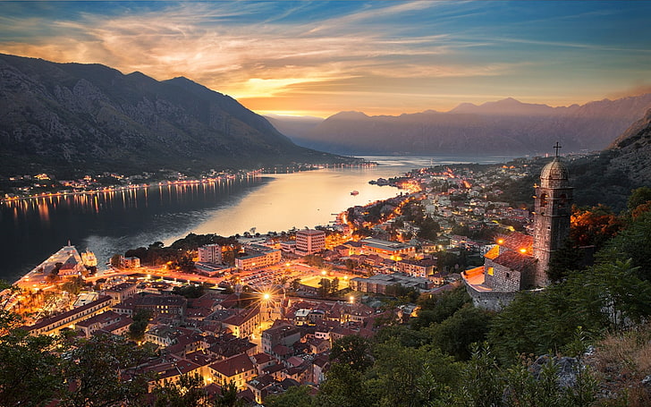lighted city buildings, nature, landscape, cityscape, Kotor (town)
