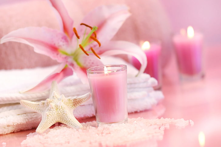 white starfish and pink votive candle, flower, stay, relax, beauty, HD wallpaper