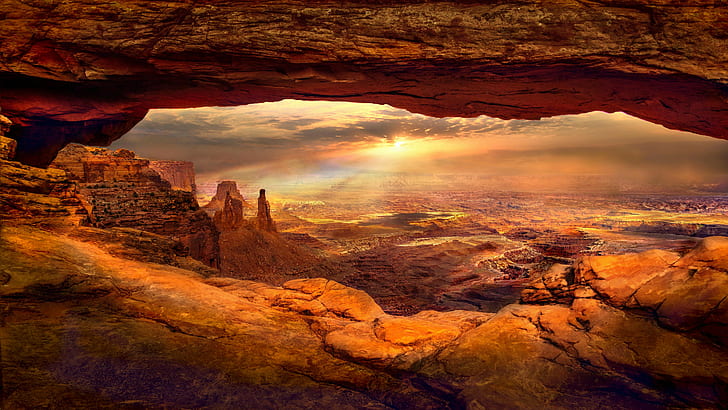 landscape view of dessert, Mesa Arch, Canyonlands, Utah, USA, HD wallpaper