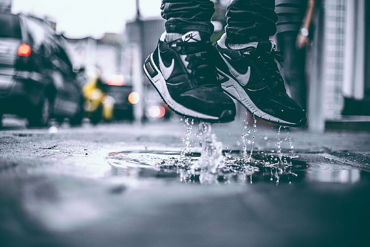 after the rain, jump, jumping, levitate, puddle, shoes, sneakers