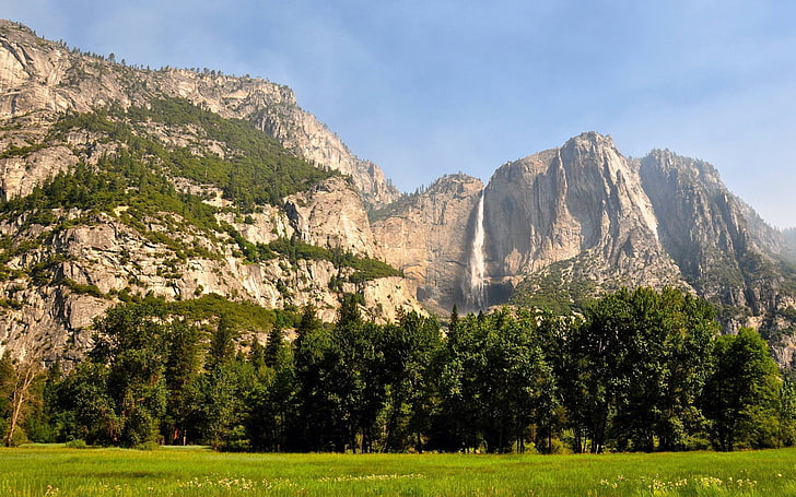 gray rocky mountain, mountains, landscape, waterfall, Yosemite Falls