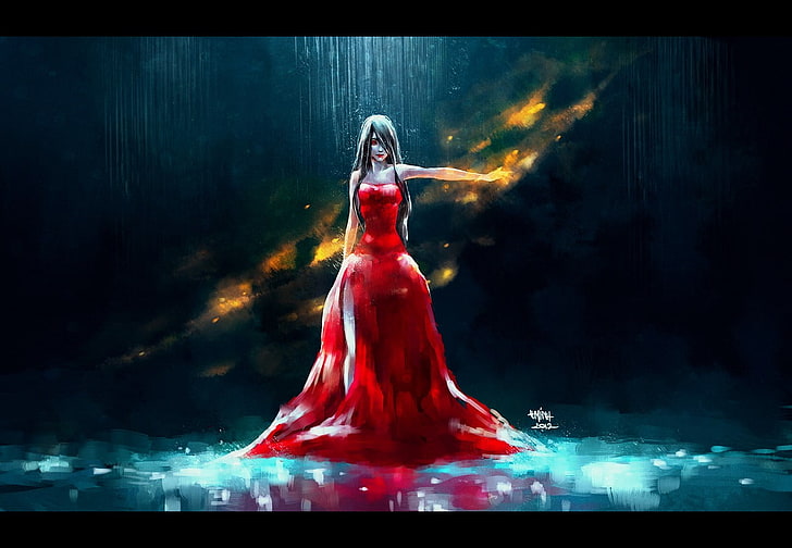 red eyes, red dress, artwork, NanFe, fantasy girl, fantasy art
