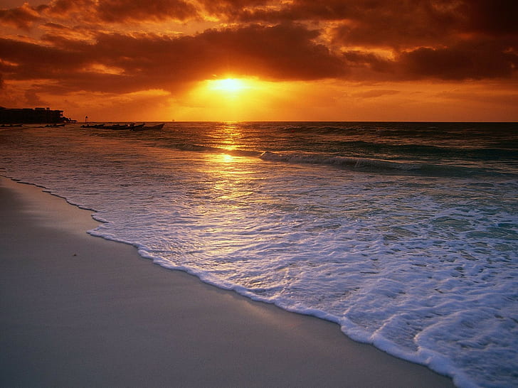 sunset, sea, beach, HD wallpaper
