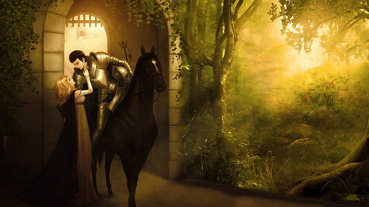 fantasy girl, fantasy art, horse, love, armour, tree, adult, HD wallpaper