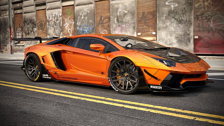 Auto, Lamborghini, Machine, Orange, Car, Render, Aventador, HD wallpaper