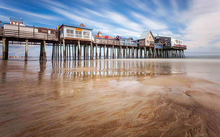 Old Orchard Beach, Maine, USA, pier, reflection, sand, low tide, HD wallpaper