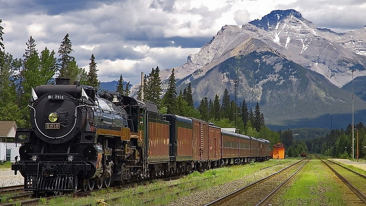 black and brown train, steam locomotive, mountains, vehicle, rail transportation, HD wallpaper