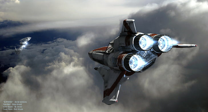 spaceship, science fiction, digital art, sky, clouds, Battlestar Galactica