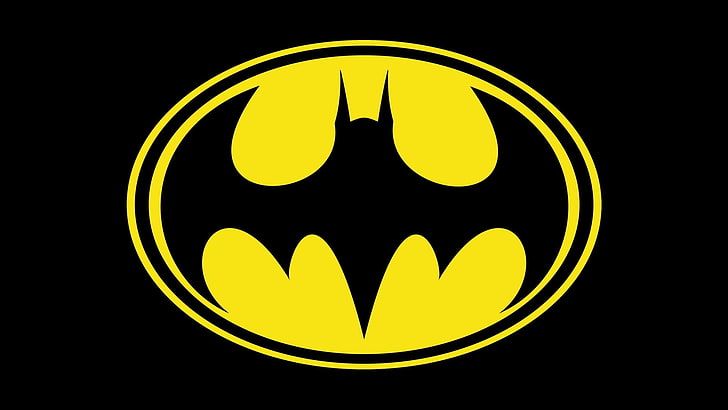 DC Batman logo, black, yellow, black background, animal, geometric shape, HD wallpaper