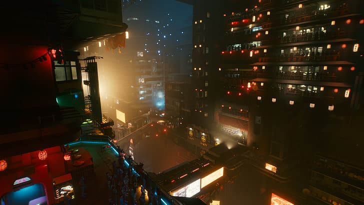 Cyberpunk 2077, video games, lights, neon, bridge, lantern