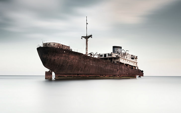 brown ship on water wallpaper, shipwreck, nautical vessel, sea