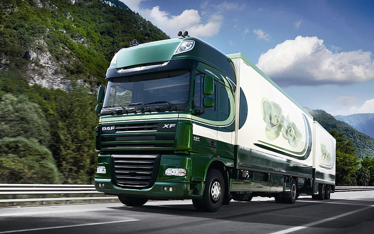 DAF XF 105 Truck, green and white freight truck, tir, cars