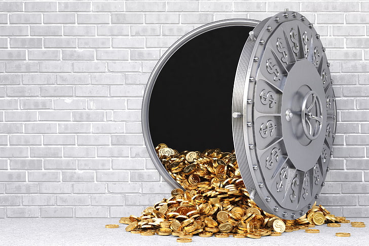 gray steel safety vault illustration, wall, gold, money, reinforced door, HD wallpaper