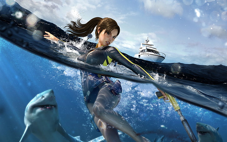 woman and sharks wallpaper, Lara Croft, Tomb Raider, video games