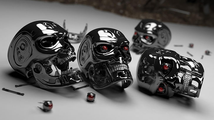 black, artwork, skull, Terminator, endoskeleton, black color, HD wallpaper