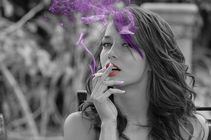 white cigarette stick, Malena Morgan, smoking, smoke, face, brunette, HD wallpaper