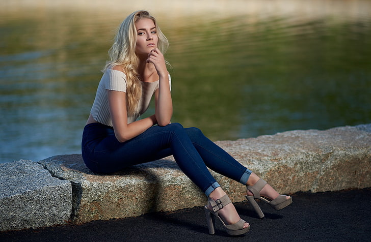 women's blue jeans, blonde, face, bare shoulders, high heels