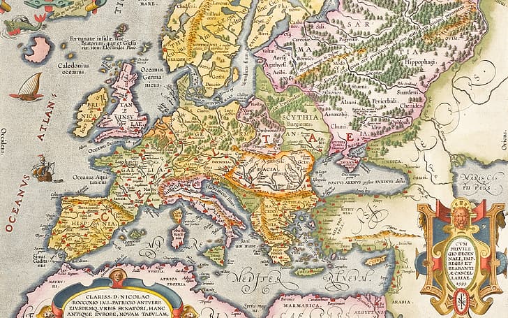 Europe, old maps, Hand coloured engraved map, ancient Europe