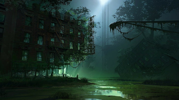 illustration of abandoned building in middle of forest, apocalyptic