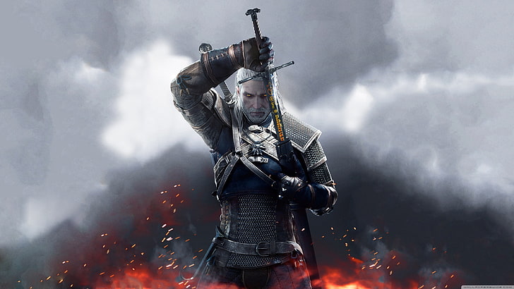 The Witcher Geralt of Rivia wallpaper, man holding sword digital wallpaper