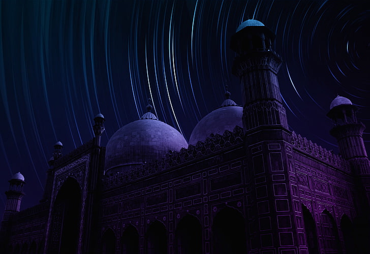 Badshahi Mosque, Mughal architecture, Star trail, Purple, Night