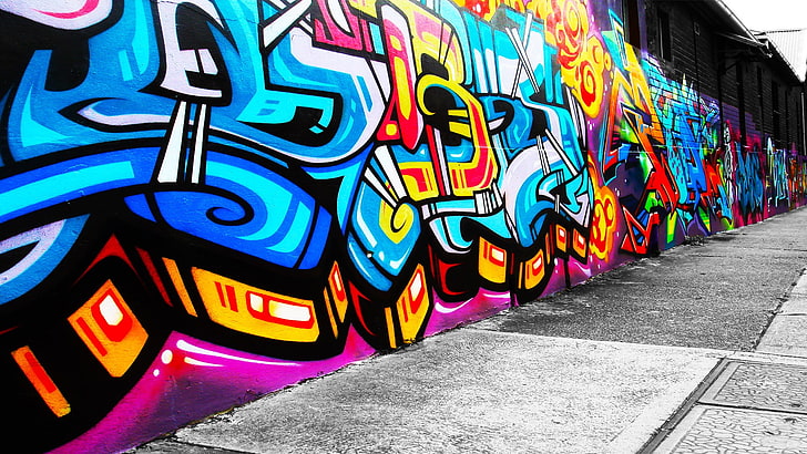 multicolored graffiti art, street art, wall, urban, cyan, blue, HD wallpaper