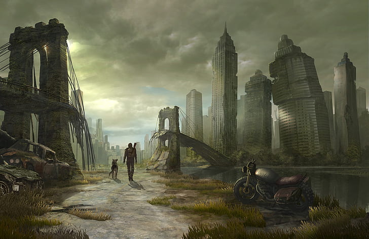 artwork, apocalyptic, ruin, vehicle, dog, Brooklyn Bridge, New York City, HD wallpaper