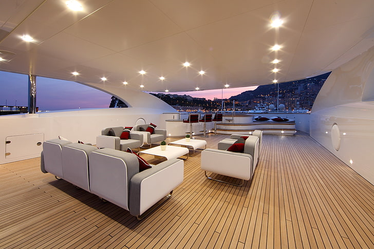 two white coffee tables, yacht, interior, design, style, luxury, HD wallpaper