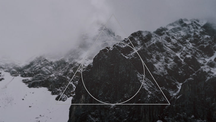 gray mountain, monochrome, abstract, mountains, shapes, snow