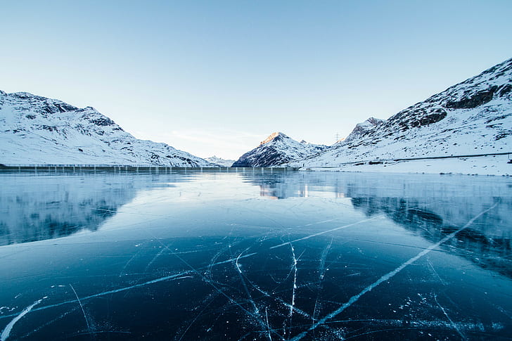 frozen lake, landscape, nature, snow, clear sky