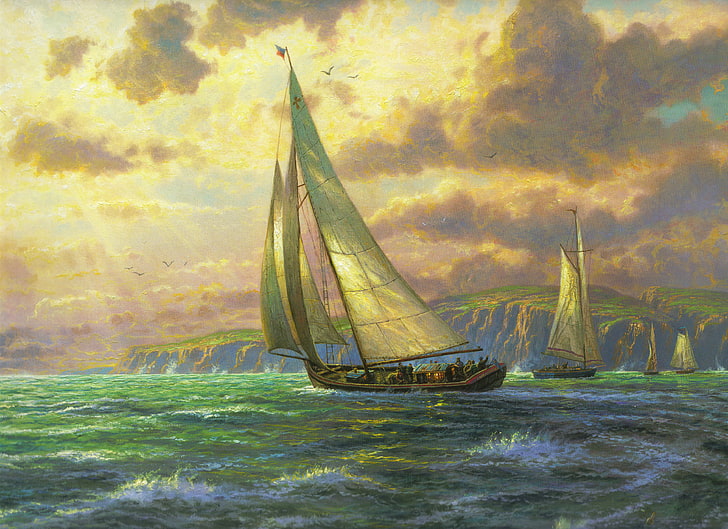 several boats painting, sea, wave, sail, Thomas Kinkade, sailboats, HD wallpaper
