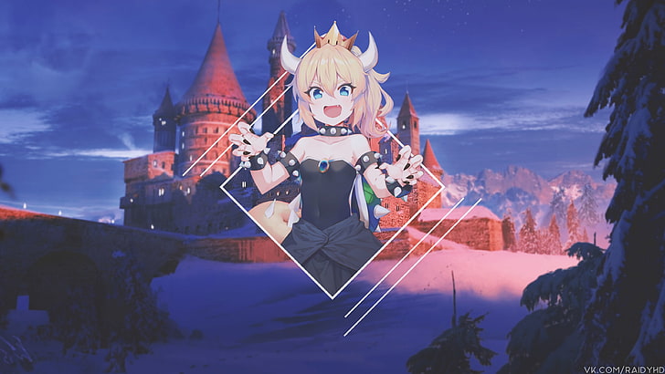 anime girls, picture-in-picture, Bowsette, lolita, horns, blue eyes