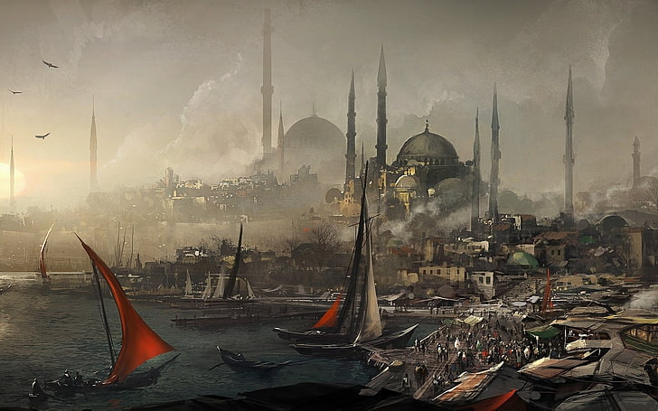 city building illustration, Istanbul, artwork, cityscape, konstantinopel