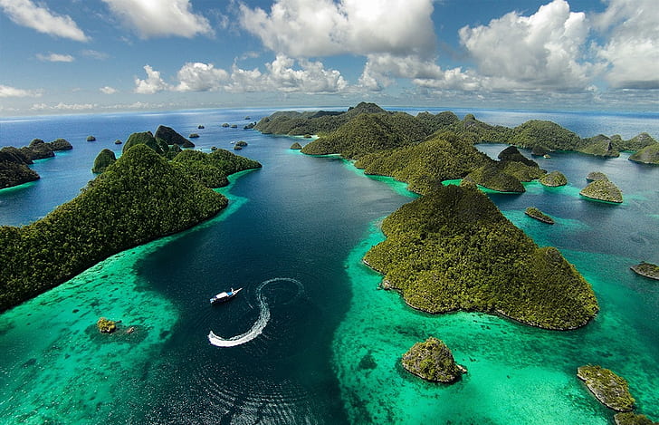 photography landscape nature aerial view island tropical sea clouds boat tropical forest raja ampat indonesia, HD wallpaper