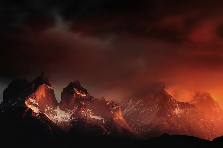 Torres del Paine, Chile, mountains, clouds, red, orange, snowy peak