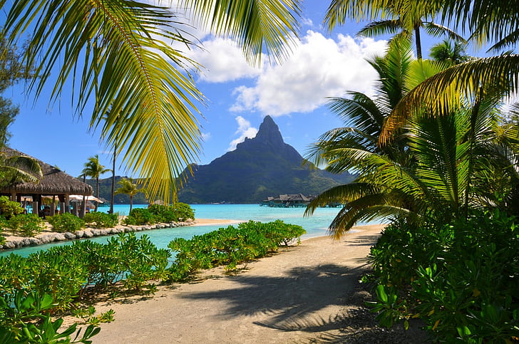 beach, mountains, French Polynesia, landscape, Bora Bora, nature, HD wallpaper